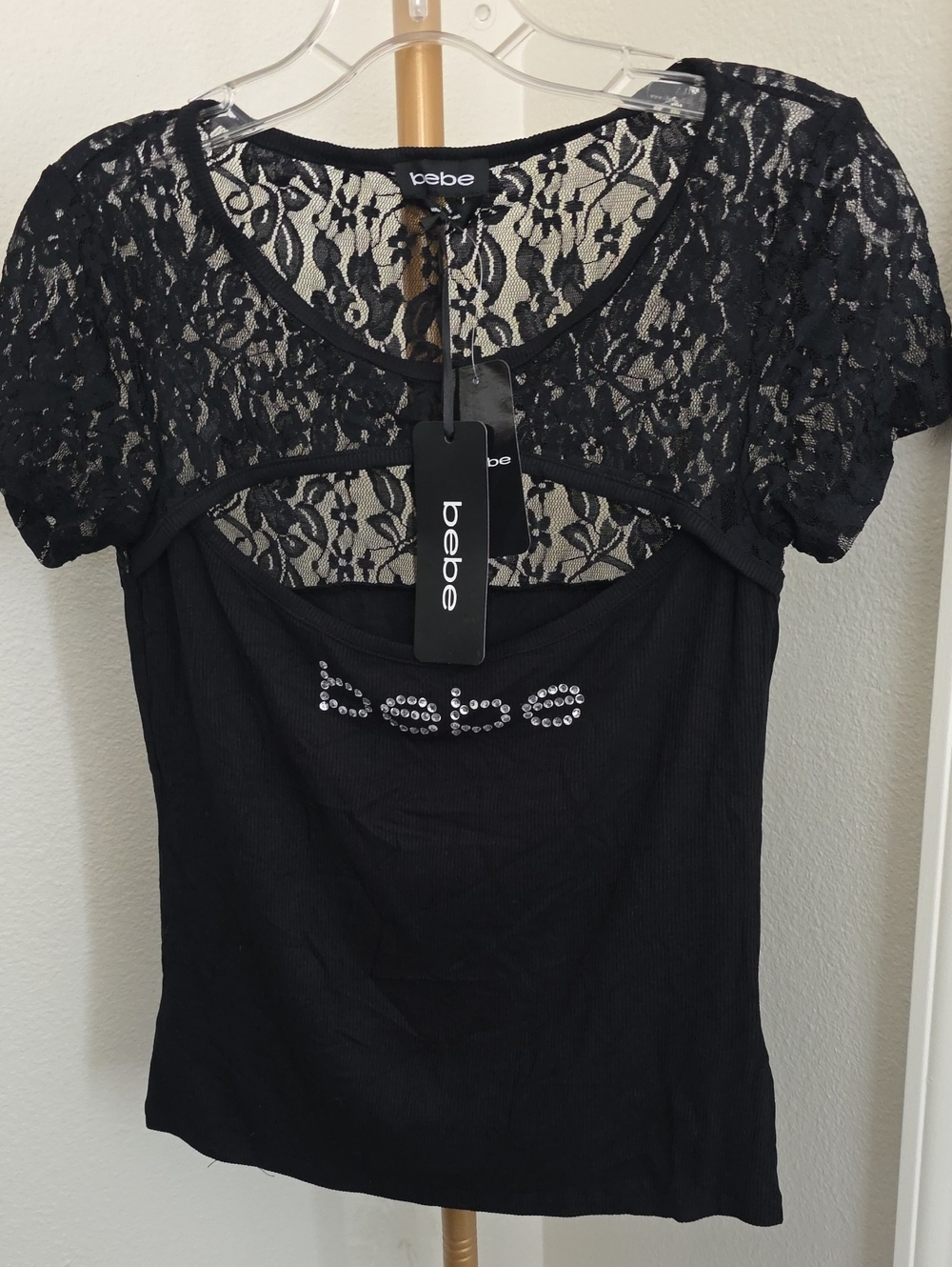 bebe Black Lace Yoke Short Sleeve Tee with Crystal Logo